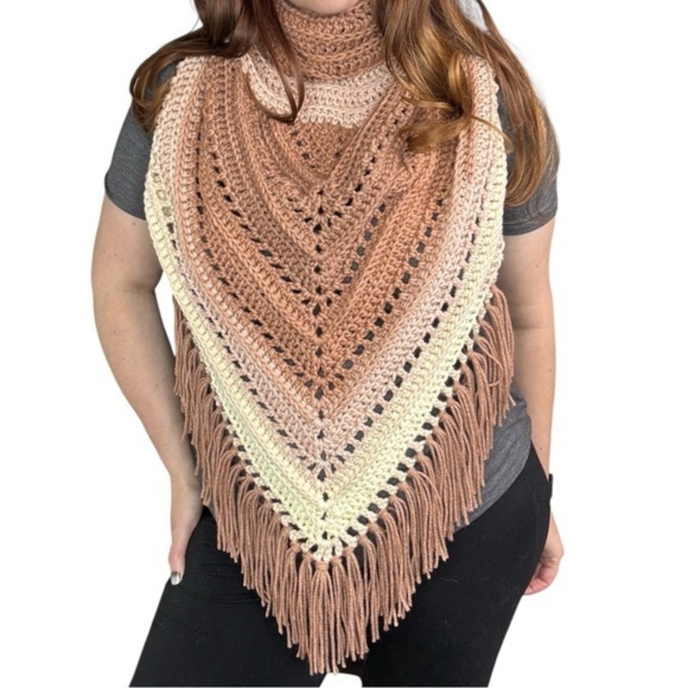 Hand Crafted Crochet Turtle Neck Scarf in Beige and Cream with Fringe